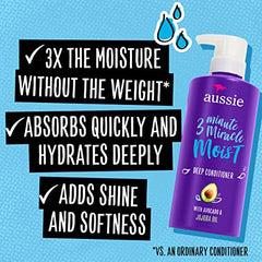 Aussie Deep Conditioner for Dry Hair with Avocado and Jojoba Oil, 3 Minute Miracle Moist, Paraben Free, Triple Pack (1,475 mL Total)