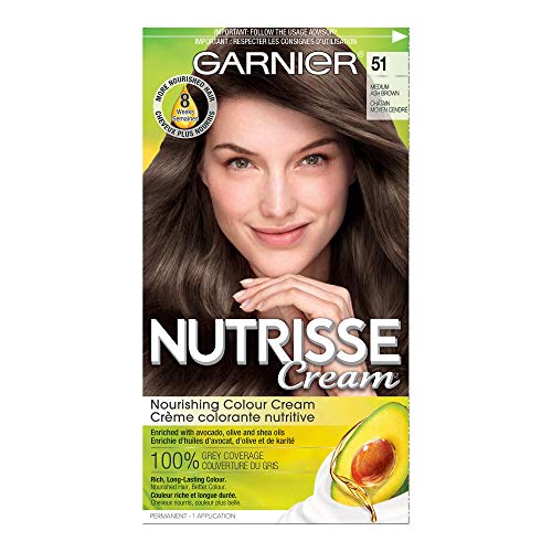 Garnier Nutrisse Cream, Permanent Hair Colour, 51 Medium Ash Brown, 100% Grey Coverage, Nourished Hair Enriched With Avocado Oil, 1 Application