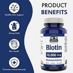 Biotin 10,000 mcg Hair Skin and Nails 90 Caps - Biotin Vitamins for Hair Skin and Nails Supplement - Maximum Potency - 3rd Party Tested - Formulated & Made in Canada