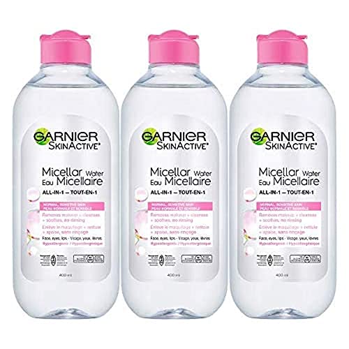 GARNIER Micellar Cleansing Water, All-In One Makeup Remover + Face Cleanser, Hypoallergenic, All Skin Types Even Sensitive Skin, Pack of 3 (3 x 400mL)