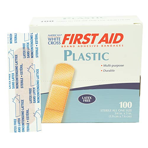 American White Cross Adhesive Bandages, Plastic Strips, 3/4" x 3", Box of 100