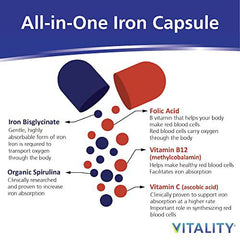 VITALITY Power Iron + Organic Spirulina 120 Veg Capsules (120 Days) - Boosts Energy with Iron Bisglycinate, Vitamin B12, Folic Acid, Vitamin C to Build Blood, Boost Energy