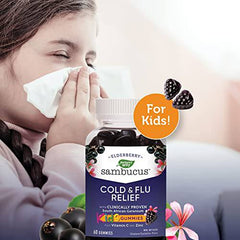 Nature's Way Sambucus Cold and Flu Relief Elderberry Gummies for Kids – Used in Herbal Medicine to Help Relieve Symptoms (Cough, Runny Nose and Sore Throat) in Children age 3+, 60 Gummies