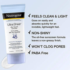 Neutrogena Sunscreen Lightweight dry-touch, Non-Comedogenic, Water & Sweat Resistant, SPF 45, 88mL Lotion