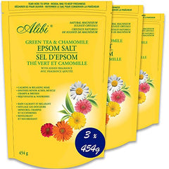 Alibi Epsom Salt Scented - Green Tea Epsom Salts for soaking and bath salts - Natural Magnesium Sulfate Crystals - 3 Resealable Bags of 454 grams = 1.36 kg White