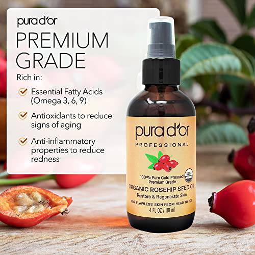 PURA D'OR (118 ml) Rosehip Seed Oil 100% Pure Cold Pressed For Face, Hair, Skin & Nails, Men & Women (Packaging may vary)