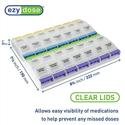 EZY DOSE Weekly (7-Day) Pill Organizer, Vitamin and Medicine Box, 2X-Large Push Button Compartments, 4 Times a Day, Clear Lids