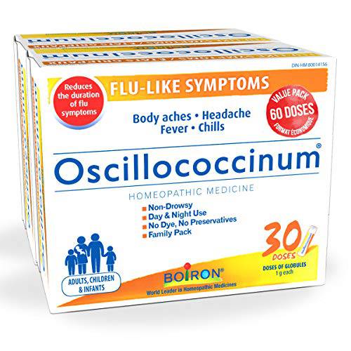 Boiron Oscillococcinum 60 doses Homeopathic Medicine for Flu-like Symptoms; Reduces the duration of flu-like symptoms such as body aches headaches fever and chills; Kosher (Pack of 2)