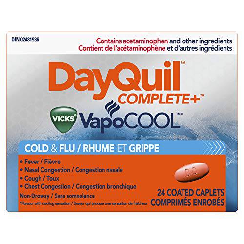 Vicks DayQuil Complete Plus VapoCOOL Cold and Flu Medicine, Cough Suppressant, Nasal Congestion, Non-Drowsy Multi-Symptom Relief, 24 Caplets