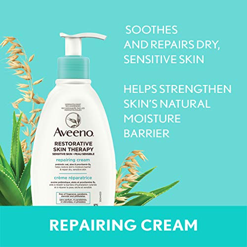 Aveeno Restorative Skin Therapy Repairing Cream, Vitamin B5, Aloe, Prebiotic Oat, Dry Skin & Sensitive Skin Lotion, 340g