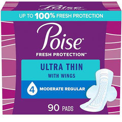 Poise Ultra Thin Incontinence Pads with Wings, Moderate Absorbency, Bladder Control Pads, 90 Count (3 Packs of 30)