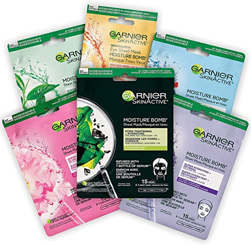 Garnier SkinActive Moisture Bomb Sheet Masks Combo Set, With Hyaluronic Acid, Hydrates & Softens Skin, Pack of 6 (6x28g)