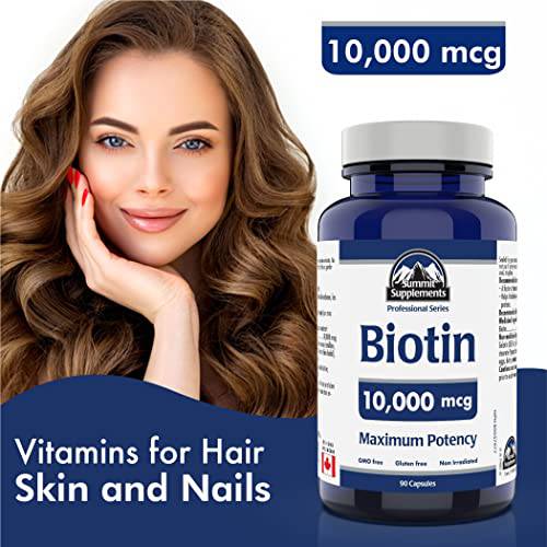 Biotin 10,000 mcg Hair Skin and Nails 90 Caps - Biotin Vitamins for Hair Skin and Nails Supplement - Maximum Potency - 3rd Party Tested - Formulated & Made in Canada