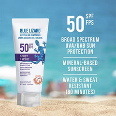 Blue Lizard Sport SPF 50 Mineral-Based Sunscreen Lotion - SPF 50, Broad Spectrum UVA/UVB, Water Resistant (Up to 80 Minutes) - 89 mL