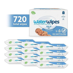 WaterWipes Plastic-Free Original Baby Wipes, 99.9% Water Based Wipes, Unscented & Hypoallergenic for Sensitive Skin, 720 Count (12 packs), Packaging May Vary