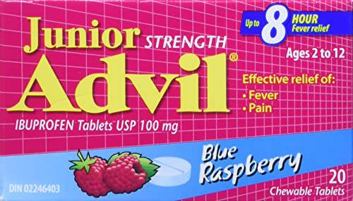 Junior Strength Advil (20 Count, Blue Raspberry Flavour) Ibuprofen Chewable Tablets Fever Relief