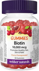 Webber Naturals Biotin 10,000 mcg, 30 Gummies, Supports Healthy Hair, Skin & Nails, Energy Metabolism, Gluten, Gelatin and Dairy Free