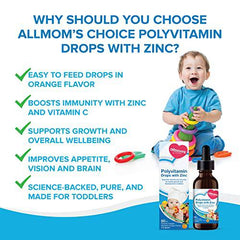 Allmoms - Polyvitamin Drops with Zinc, 50ml - 9 Essential Vitamins and Minerals for Healthy Growth and Development in Toddlers - Immunity Boost, Appetite, Vision Care and Brain Health - 1 to 3 Years