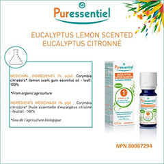 PURESSENTIEL - Eucalyptus Lemon Scented Organic Essential Oil - Used in aromatherapy topically for muscle pain, headache or cough and cold - 100% pure and natural - 10ml