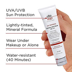 EltaMD UV Physical Tinted Mineral Sunscreen, Broad-Spectrum SPF 41, Chemical-Free Face Sunscreen for Sensitive Skin and Post-Procedure Skin, Non-Greasy, 3.0 oz