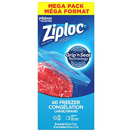 Ziploc Large Food Storage Freezer Bags, Grip 'n Seal Technology for Easier Grip, Open, and Close, 60 Count - Zecoya