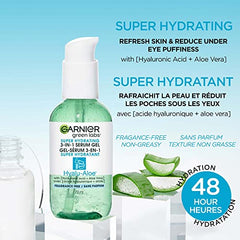 Garnier Green Labs Hyalu-Aloe Super Hydrating 3-In-1 Serum Gel, With Hyaluronic Acid + Aloe Vera, Moisturizes and Hydrates Skin, Fragrance-Free, For All Skin Types Including Sensitive Skin, 72 ml