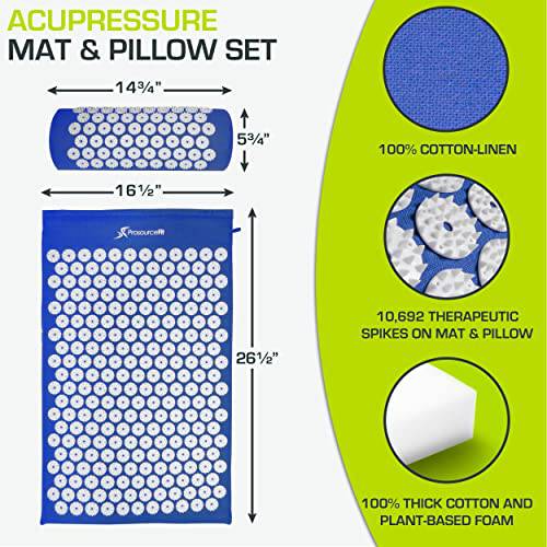 ProSource Acupressure Mat and Pillow Set for Back/Neck Pain Relief and Muscle Relaxation, Blue