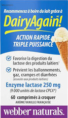 Webber Naturals Dairy Again Lactase Enzyme 250 mg, 60 Chewable French Vanilla Flavour Tablets, Helps Digestion of Lactose in Milk and Dairy Products