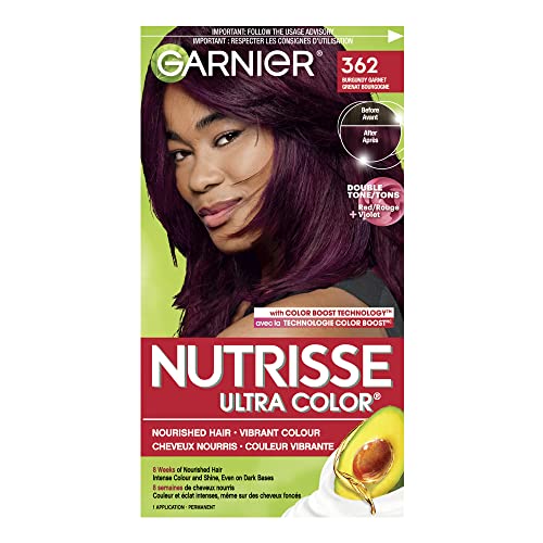 Garnier Nutrisse Ultra Color Permanent Hair Dye, Double Tone Reds Burgundy Garnet (Shade 362), Vibrant Color Enriched with Avocado Oil - 1 Application