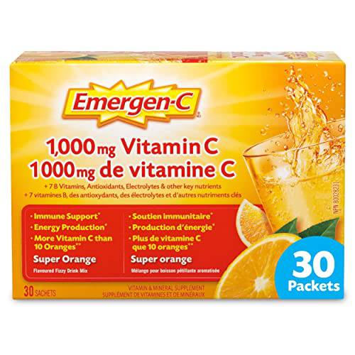 Emergen-C 1000mg Vitamin C Powder Supplement, Drink Mix with Electroyltes, Immune System Booster, Super Orange, 30 Packets