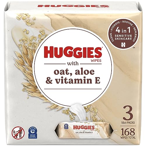 Huggies Wipes with Oat, Aloe & Vitamin E, Unscented, 3 Push Button Packs (168 Wipes Total)