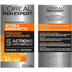 L'Oréal Paris Men Expert Hydra Energetic Face Cream with Vitamin C + Protein, 24HR Non-greasy Face Moisturizer for Men, For Dry and Dull Skin, Reduces look of fine lines & dark circles, Dermatologist Tested, 50ml