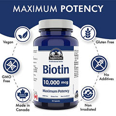 Biotin 10,000 mcg Hair Skin and Nails 90 Caps - Biotin Vitamins for Hair Skin and Nails Supplement - Maximum Potency - 3rd Party Tested - Formulated & Made in Canada