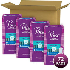 Poise Ultra Thin Incontinence Pads & Postpartum Incontinence Pads, 4 Drop Moderate Absorbency, Regular Length, 72 Count (4 Packs of 18)