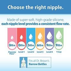 Dr. Brown's Natural Flow Level 3 Narrow Baby Bottle Silicone Nipple, Medium-Fast Flow, 6m+, 100% Silicone Bottle Nipple, clear, 6 Count (Pack of 1)