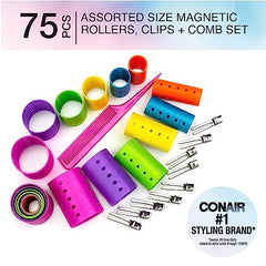 Conair Magnetic Rollers, Rollers: pink, purple, blue, orange, yellow, green; Comb: pink; Clips: silver, 75 Piece set