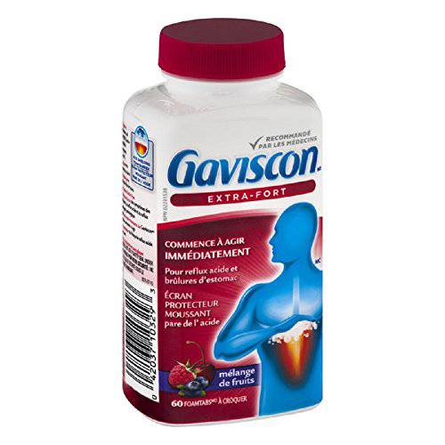 Gaviscon Extra Strength Tablets - 60 Count - Chewable Foaming Antacid Tablets for Day and Night Heartburn Relief, Acid Reflux and GERD Relief, Fruit Blend - Free of Aluminum, Lactose and Gluten