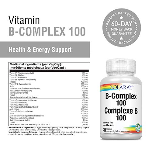 Solaray Vitamin B-Complex 100 | Supports Healthy Hair & Skin, Immune System Function, Blood Cell Formation & Energy Metabolism | 100 VegCaps