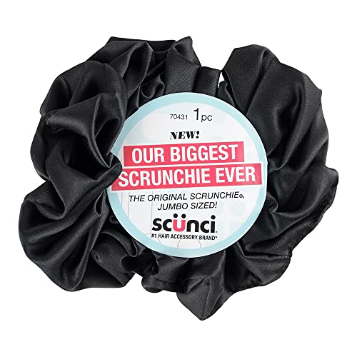 Scunci by Conair The Original Scrunchie Jumbo Size in Washable Black Nylon Silk-Like Fabric, Perfect for Wrist-to-Hair Versatility, 1 Count