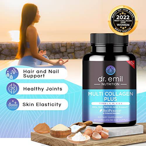 DR EMIL NUTRITION Multi Collagen Plus Pills - Collagen Supplement to Support Hair, Skin, Nails, Joints, & Gut Health - Hydrolyzed Collagen Supplement (90 Count Pack of 1)