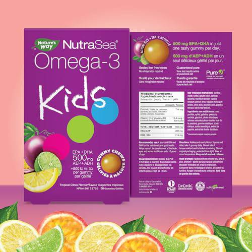 Nature’s Way NutraSea Omega-3 Kids Gummy Chews - Delicious Tropical Citrus Flavor, Sucrose-Free Chewable Gummies, 500 mg EPA + DHA and 500 IU Vitamin D3 - Suitable for Kids Age 3+, 30 Gummies