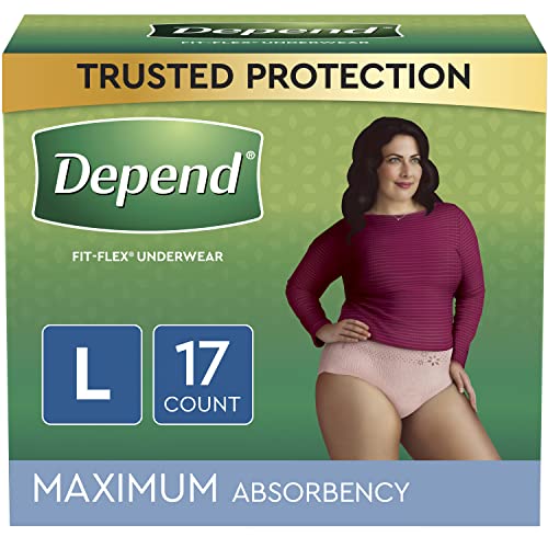 Depend FIT-FLEX Incontinence Underwear for Women, Maximum Absorbency, Large, Blush, 17 Count