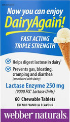 Webber Naturals Dairy Again Lactase Enzyme 250 mg, 60 Chewable French Vanilla Flavour Tablets, Helps Digestion of Lactose in Milk and Dairy Products