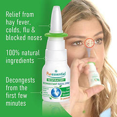 PURESSENTIEL - Respiratory Hypertonic Nasal Spray with 4 essential oils - Decongests the nose for easier breathing - Used to treat winter ailments and allergies - 100% from natural sources - 15ml