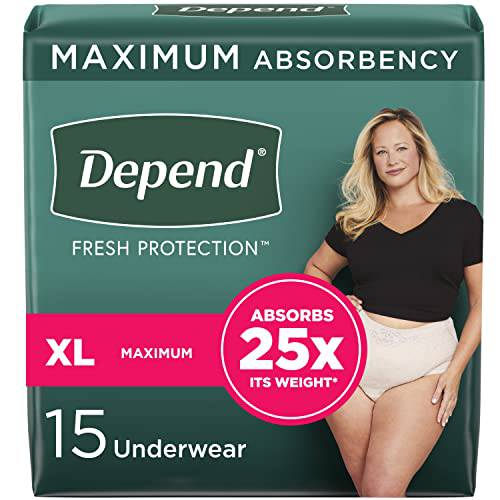 Depend Fresh Protection Adult Incontinence Underwear for Women (Formerly Depend Fit-Flex), Disposable, Maximum, Extra-Large, Blush, 15 Count