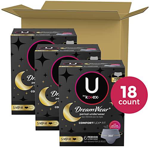 U by Kotex Dreamwear Overnight Period Underwear for Women, Disposable, Small/Medium, 18 Count (3X6)