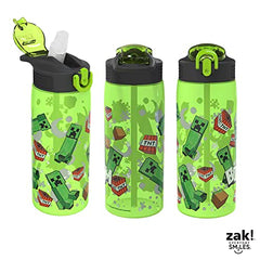 Zak Designs Minecraft Water Bottle For School or Travel, 25 oz Durable Plastic Water Bottle With Straw, Handle, and Leak-Proof, Pop-Up Spout Cover (Creeper)