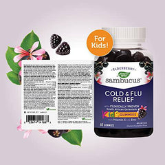 Nature's Way Sambucus Cold and Flu Relief Elderberry Gummies for Kids – Used in Herbal Medicine to Help Relieve Symptoms (Cough, Runny Nose and Sore Throat) in Children age 3+, 60 Gummies