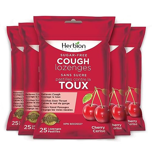 Herbion Naturals Cough Lozenges Sugar Free Cherry Flavor | Cough Suppressant | Sore Throat Relief | Pack of 5, 125 Counts