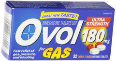 Ovol Extra Strength, Cherry Flavour Chewable Tablets, Gas Pain, Pressure, and Bloating Relief, 180mg, 32 Count